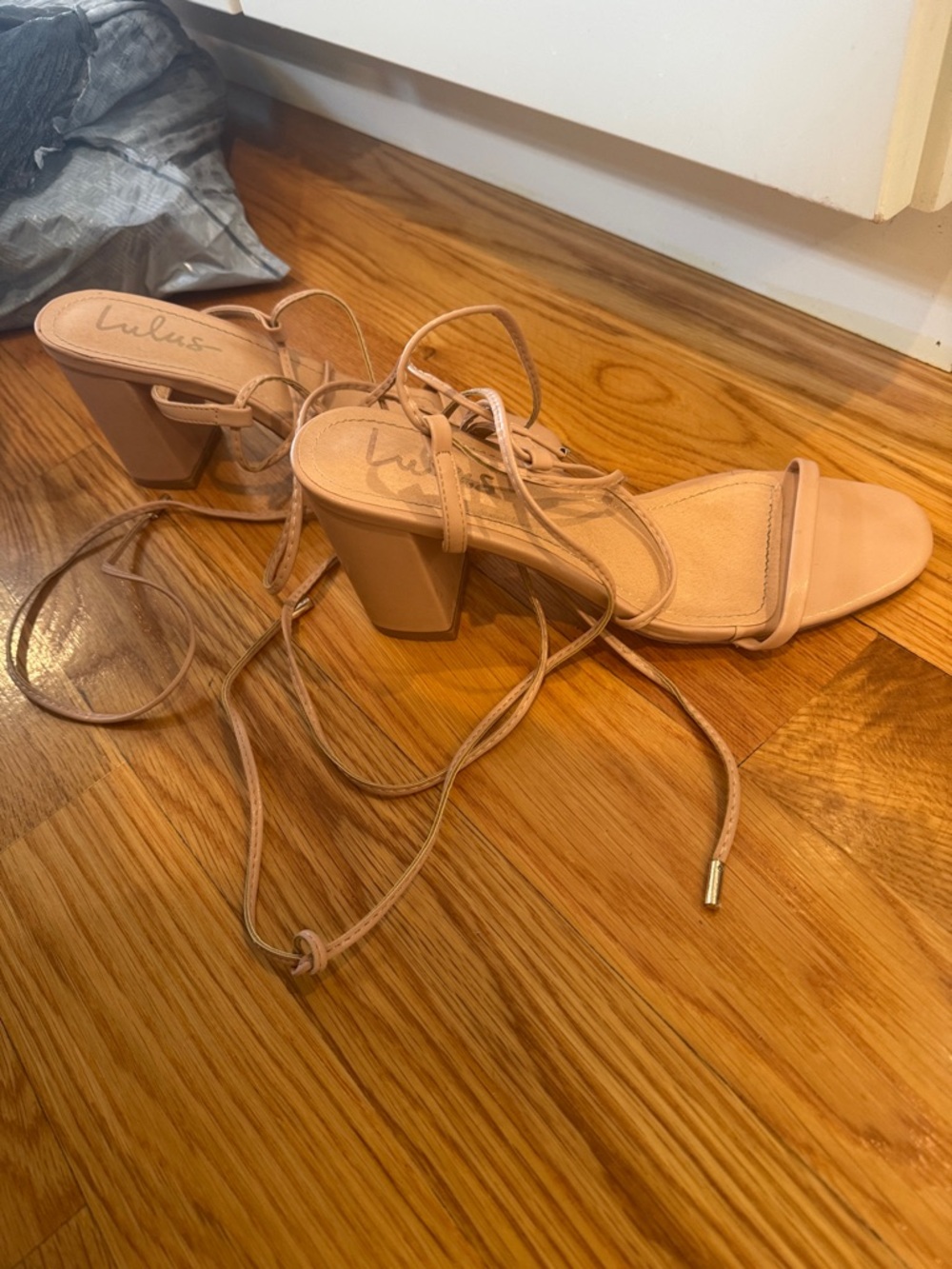 Lulu's Blush Lace-Up Block Heel Sandals